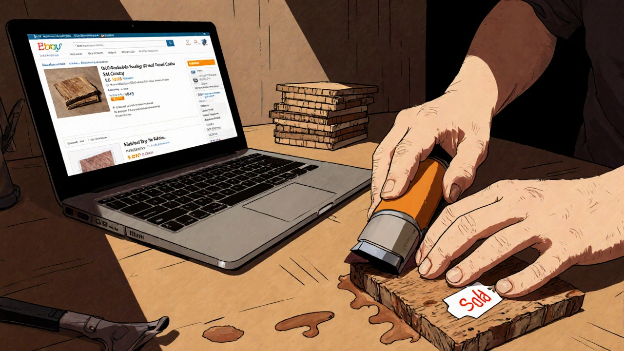 Man sanding wooden coasters from scrap wood using hand tools and leftover paint in his garage.