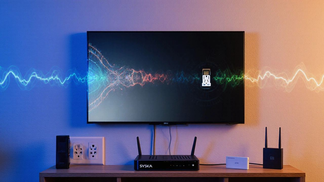 Modern TV in India connected to a set-top box, with fading US signal and emerging DVB-T2 waves.