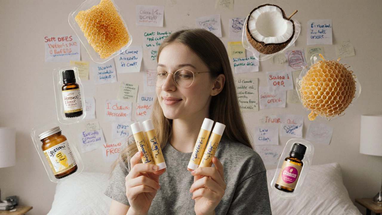 Teenager holding handmade lip balms in reused tubes, with images of pre-orders on the wall behind her.
