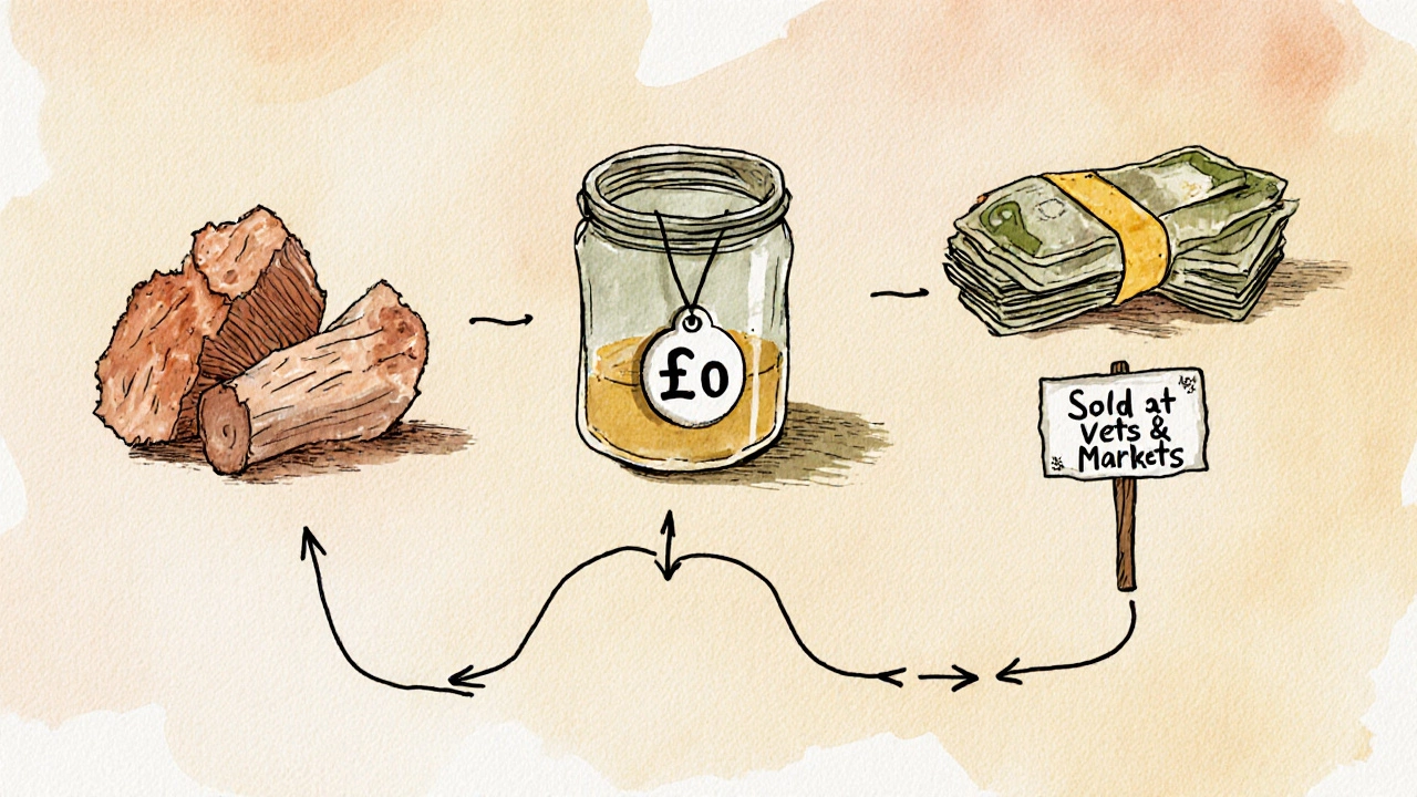 Timeline showing scrap materials turning into products and profit through simple handmade steps.