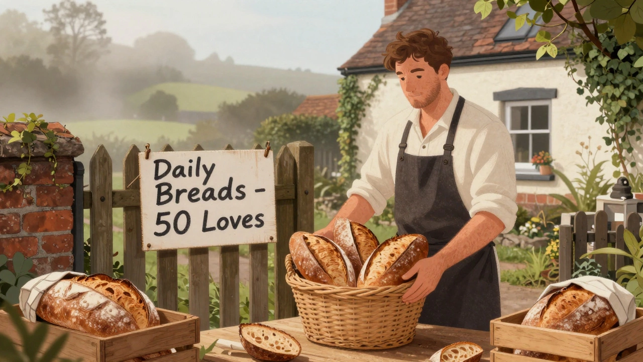 A baker placing fresh loaves in a basket outside a home with a handwritten sign.