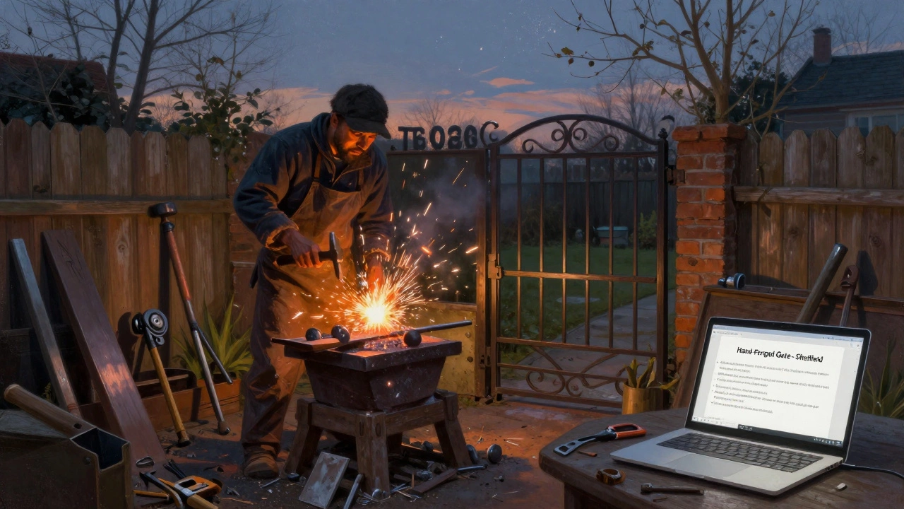 A blacksmith forging a metal gate in a backyard forge, sparks flying at twilight.