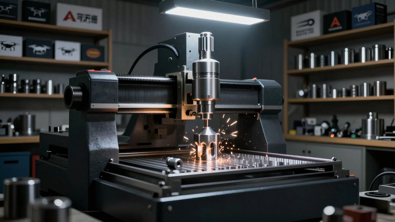 A CNC machine precision-machining a titanium part in a small industrial space.