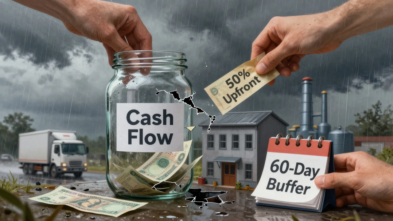A fragile cash flow jar leaking money, with a factory behind it under storm clouds, while a supplier&#039;s truck approaches through rain.
