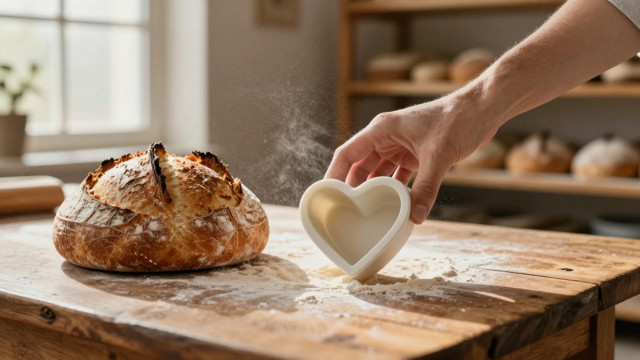 A heart-shaped silicone mold beside a freshly baked artisan loaf on a wooden table.