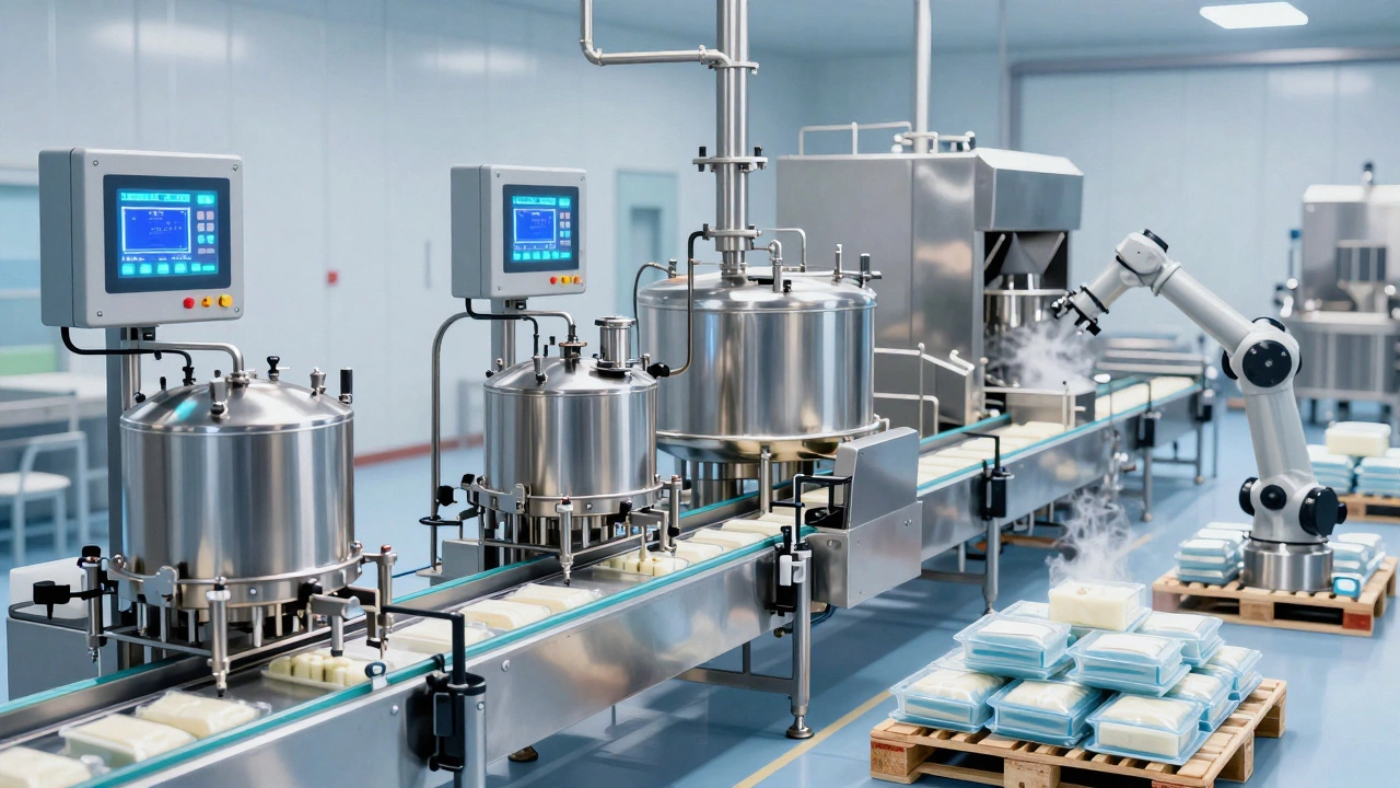 An automated food processing unit with conveyors and control panels in a modern factory.