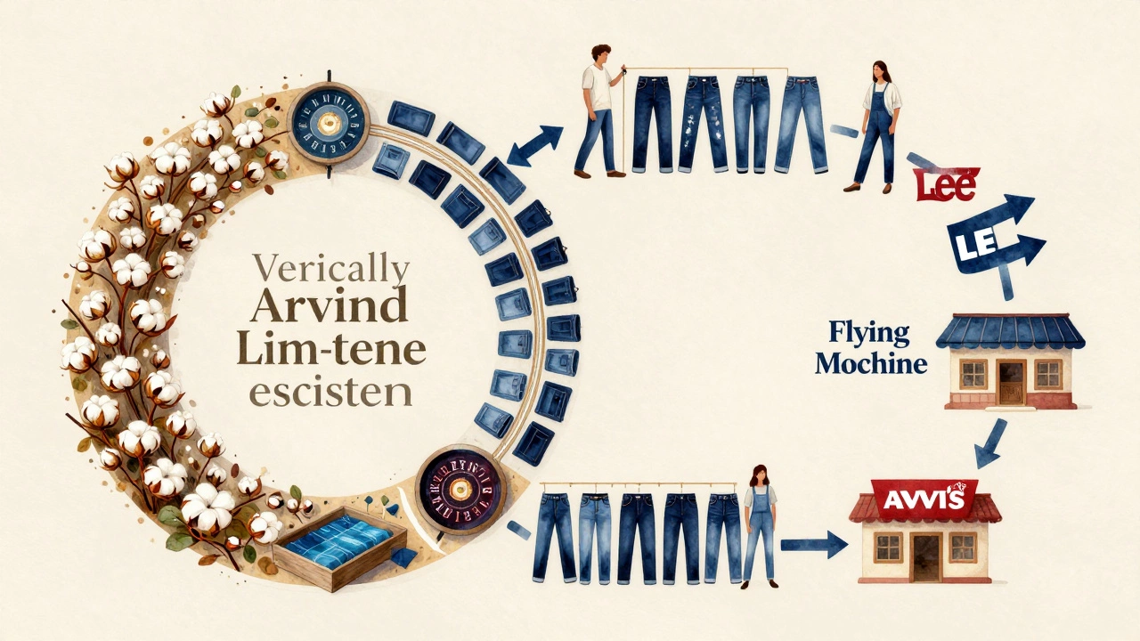 Circular diagram showing cotton flow from farms to global brands and Indian retail stores through textile manufacturing stages.