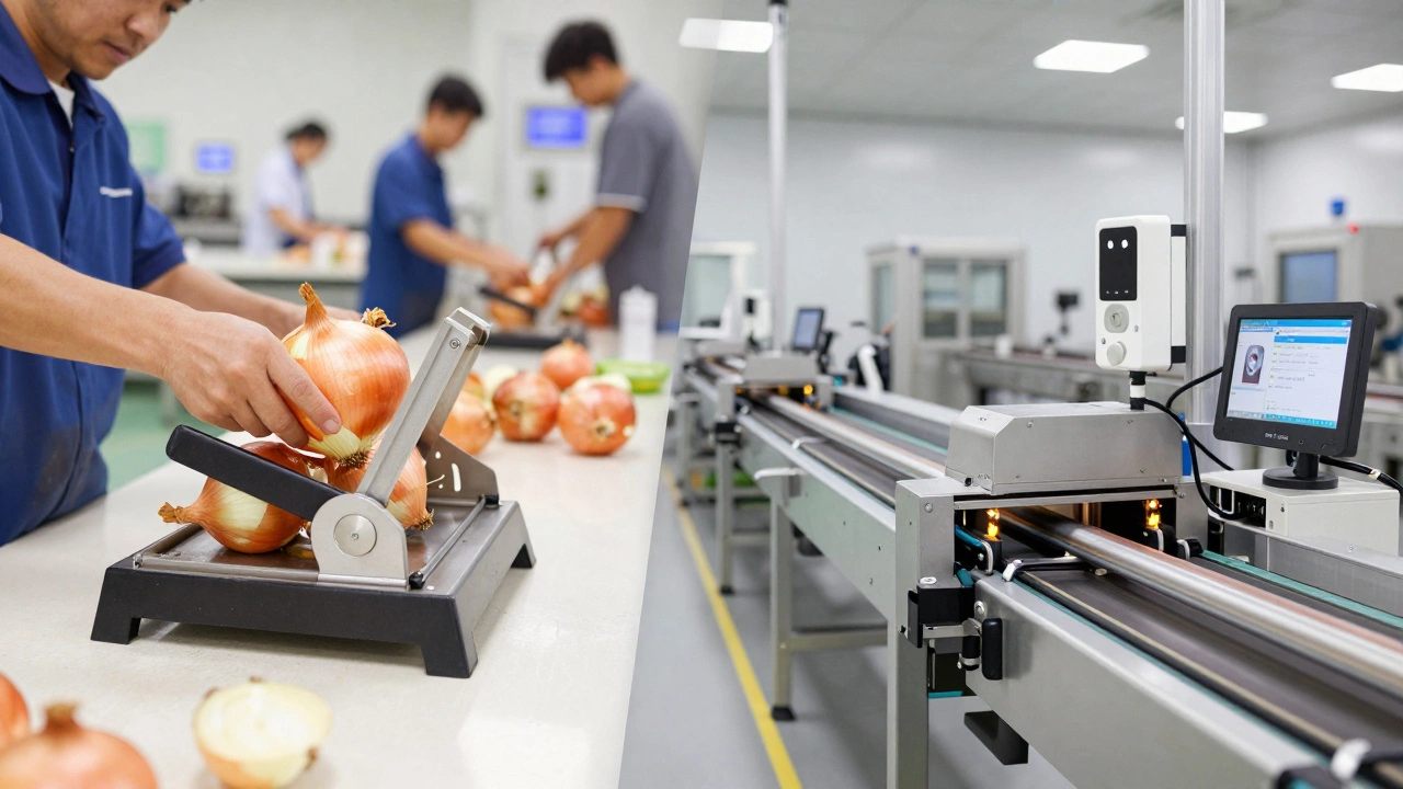 Contrast between manual food processing and automated production line systems.