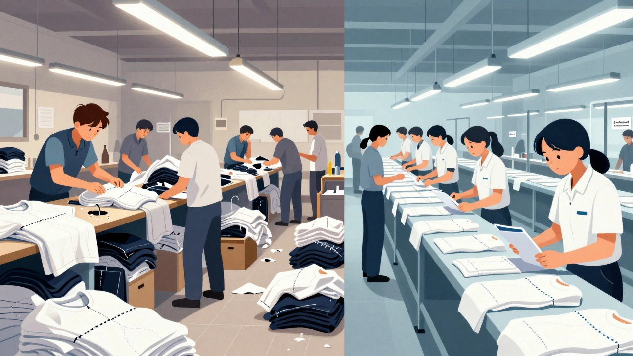 Contrasting scenes of inconsistent and consistent T-shirt production in small Indian workshops, highlighting quality control over material cost.