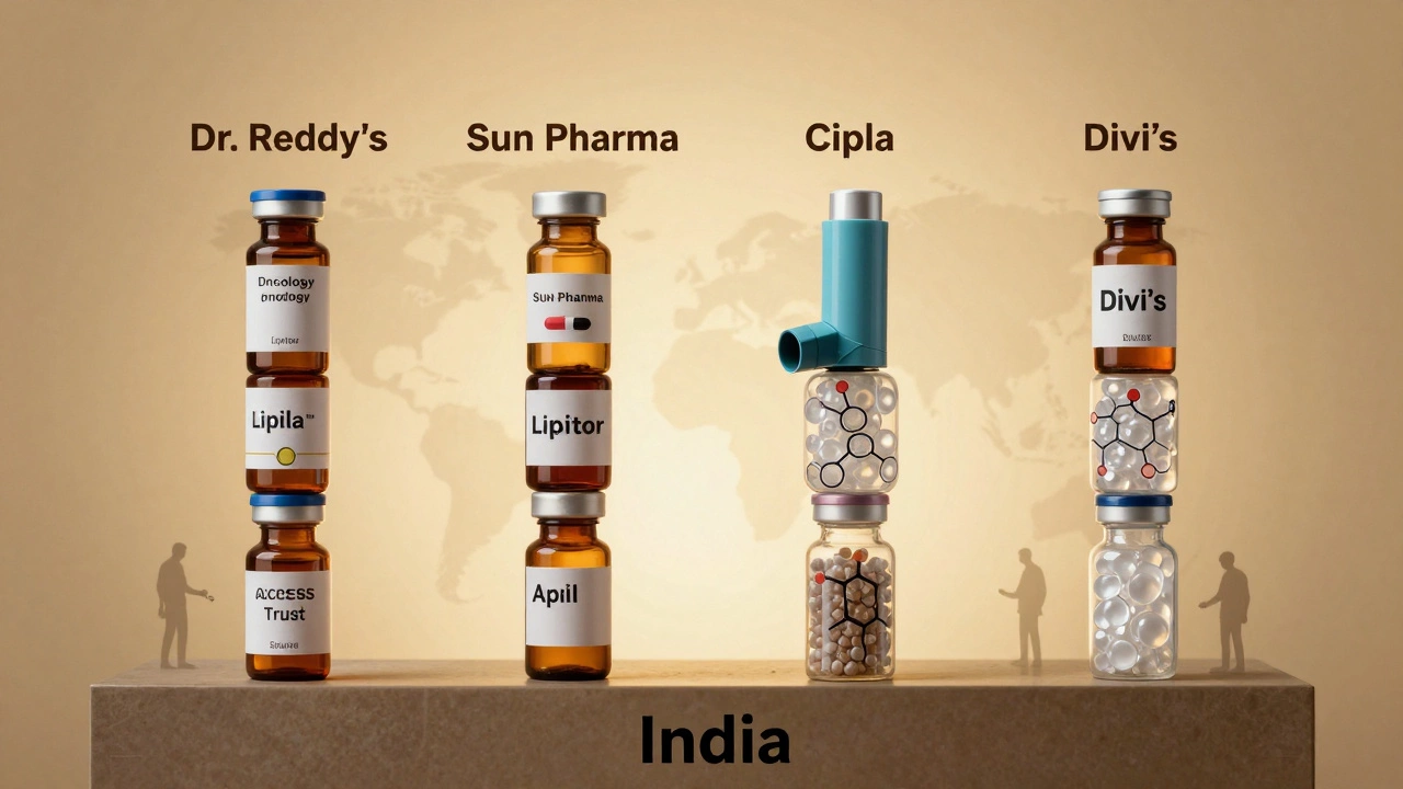 Four towering pillars made of medicines representing India&#039;s Big Four pharma companies.