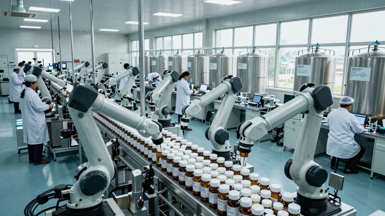 Large-scale Indian pharmaceutical production line filling pill bottles with robotic precision.