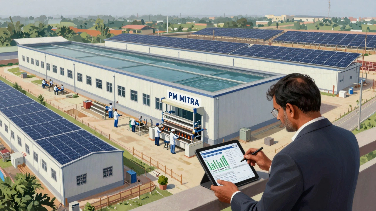 Modern textile park in Gujarat with automated looms, solar panels, and a manager monitoring production data on a tablet.