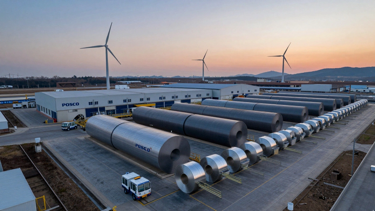 POSCO facility producing ship plates and thin steel coils with wind turbines in background