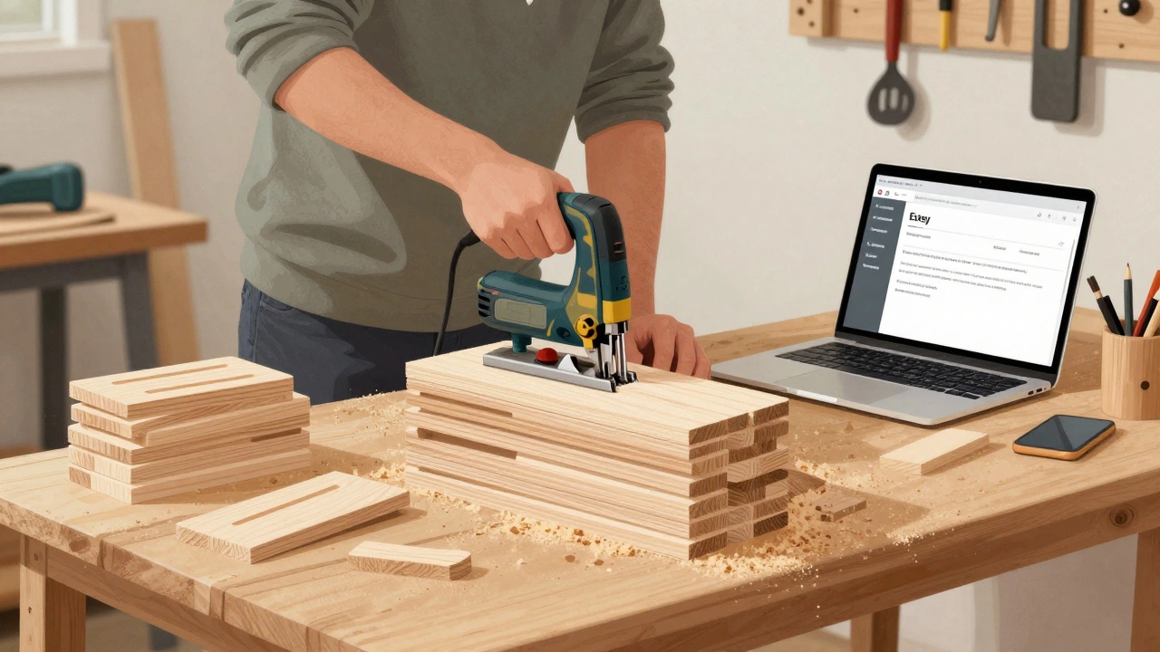 Someone cutting wooden phone stands in a garage workshop with tools and finished products nearby.