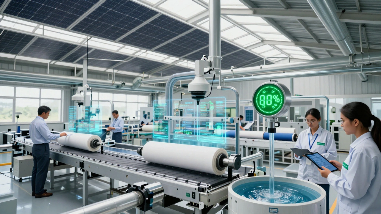 Sustainable textile plant with solar panels, AI systems, and glowing data streams, emphasizing eco-friendly production.