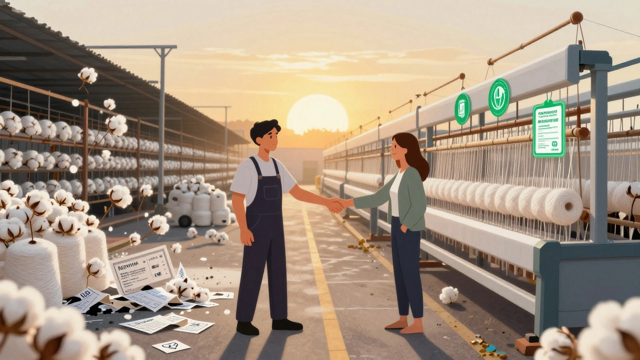 Textile owner at a crossroads: one side shows chaos and fines, the other a smart factory producing organic yarn with certification badges.