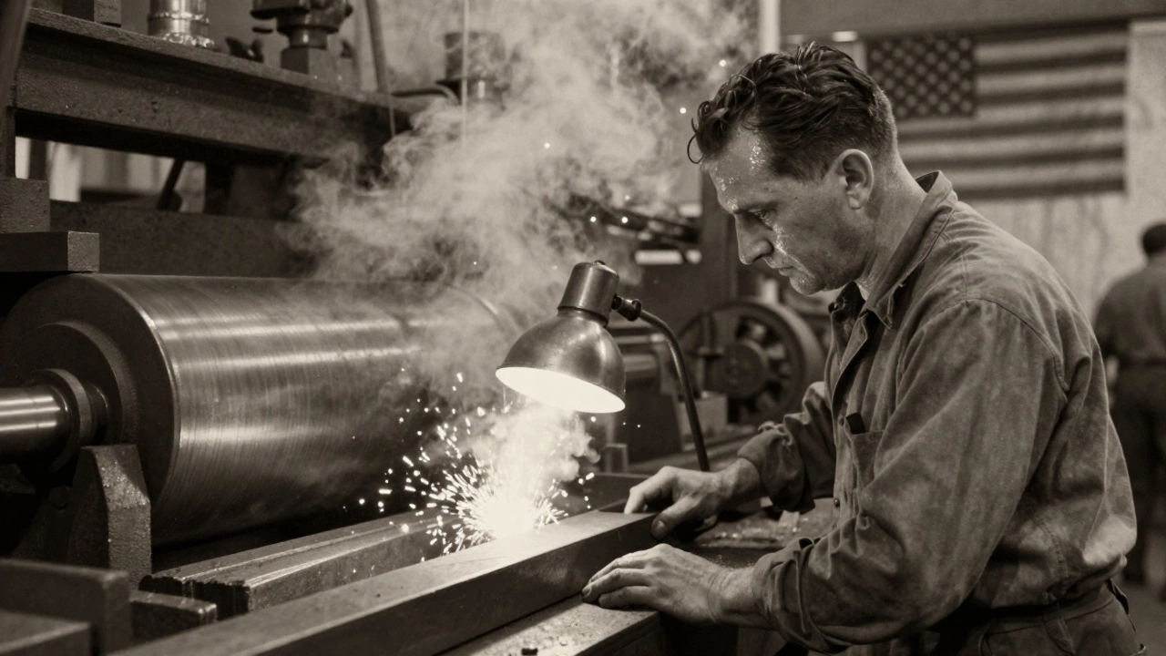 Vintage photo of a steelworker in a 1940s U.S. mill, surrounded by machinery and steam.