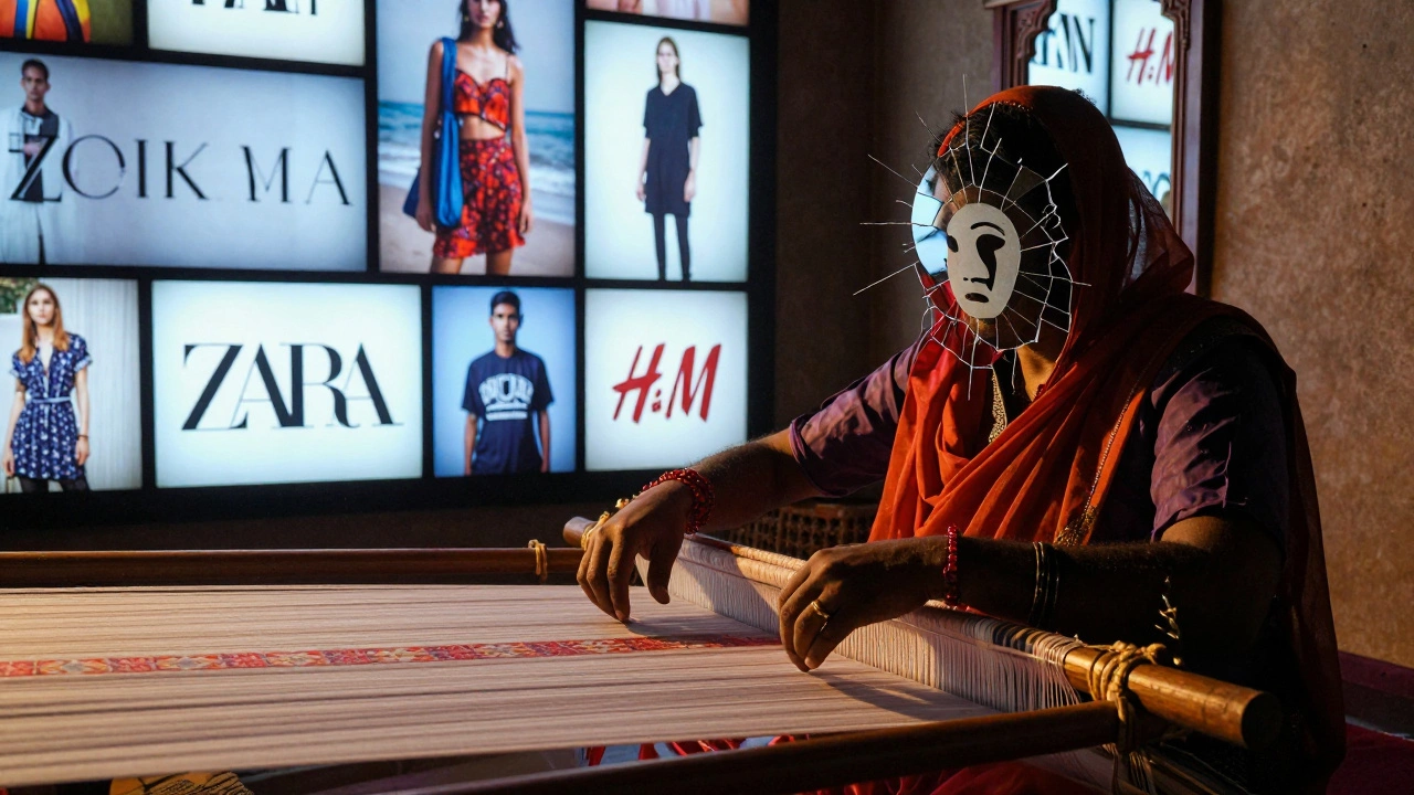 A handloom weaver in Varanasi surrounded by reflections of global fashion brands on digital screens.