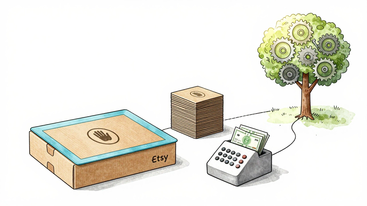 A handmade baking mat on recycled packaging with sales receipts and growing gears symbolizing scalable progress.