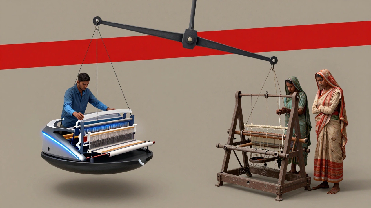 A symbolic balance scale contrasting modern Bangladeshi machinery with outdated Indian textile equipment.