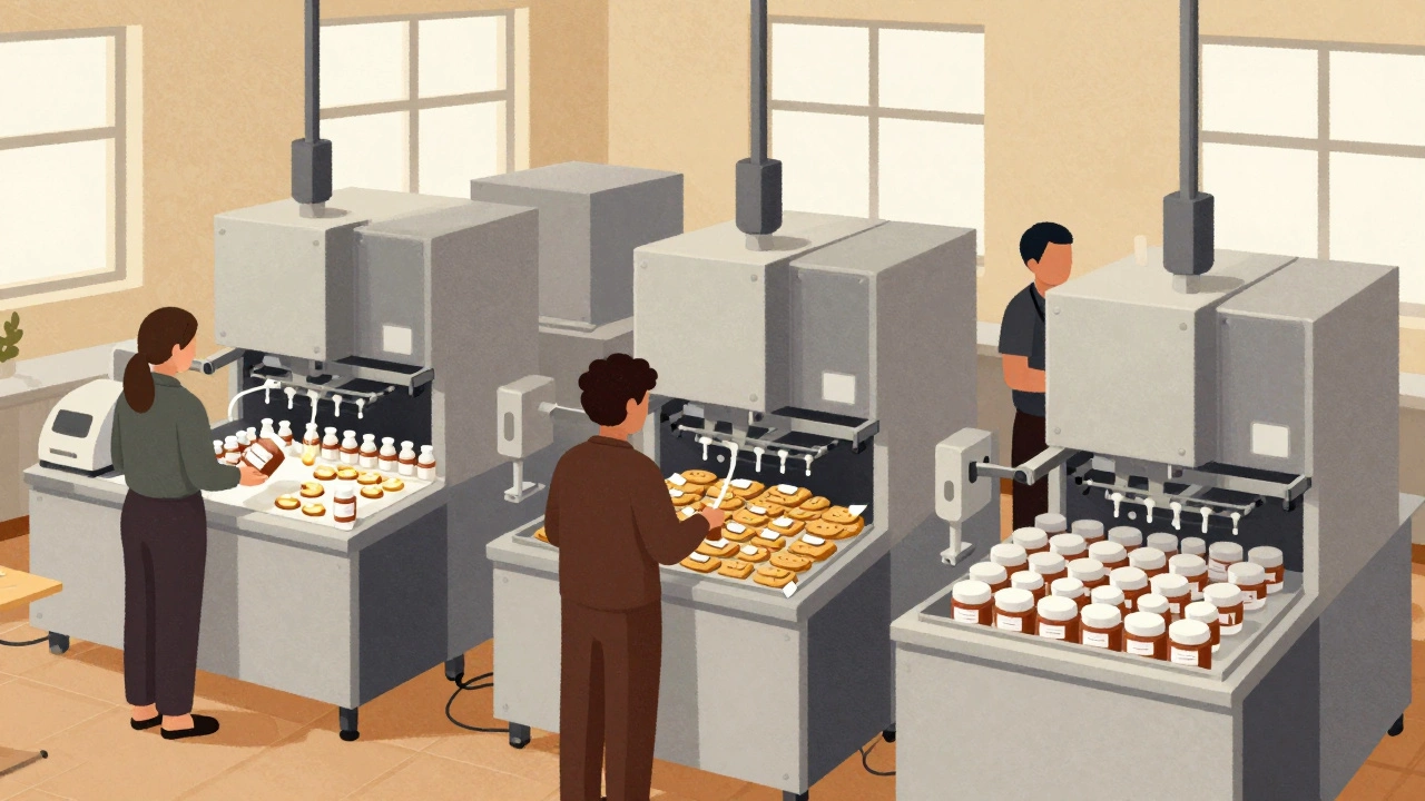 Batch production facility switching between packaging pills, cookies, and cosmetics on shared equipment.