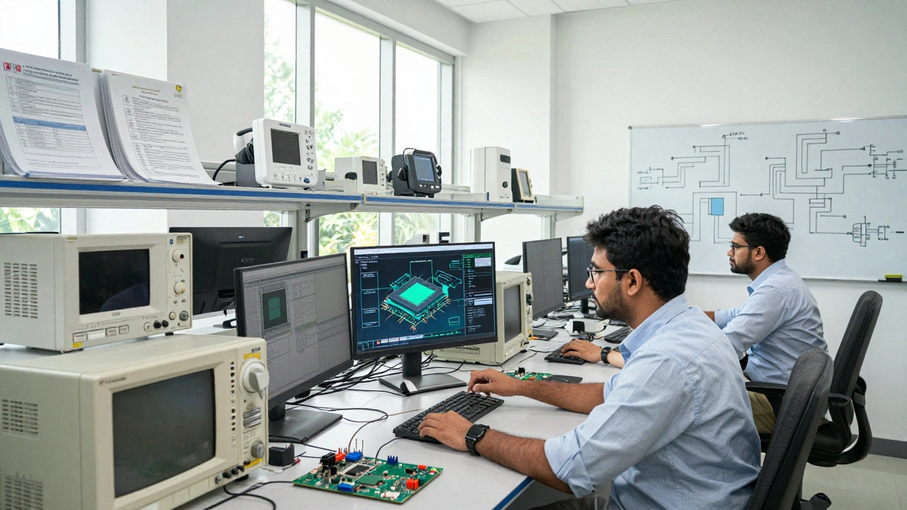 Engineers developing AI chips in a Bengaluru lab, surrounded by circuit boards and healthcare tech prototypes.