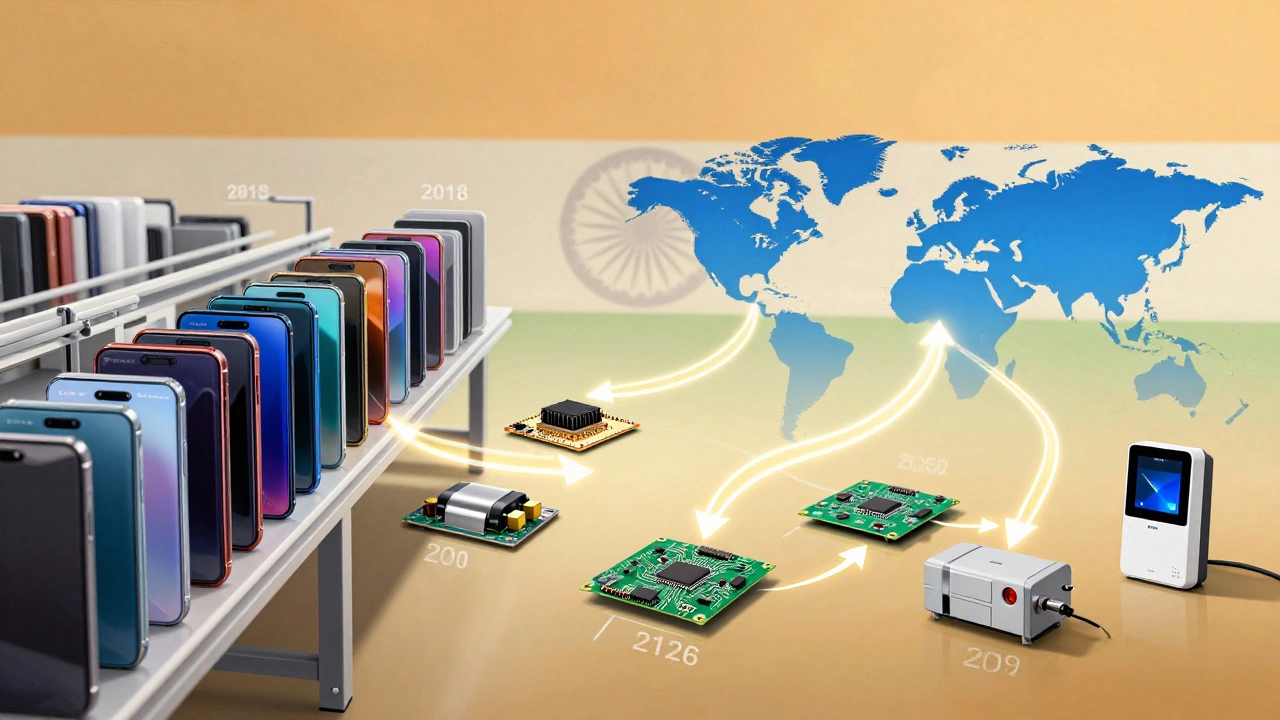 Evolution of India's electronics industry from phone assembly to diverse high-tech manufacturing exports.