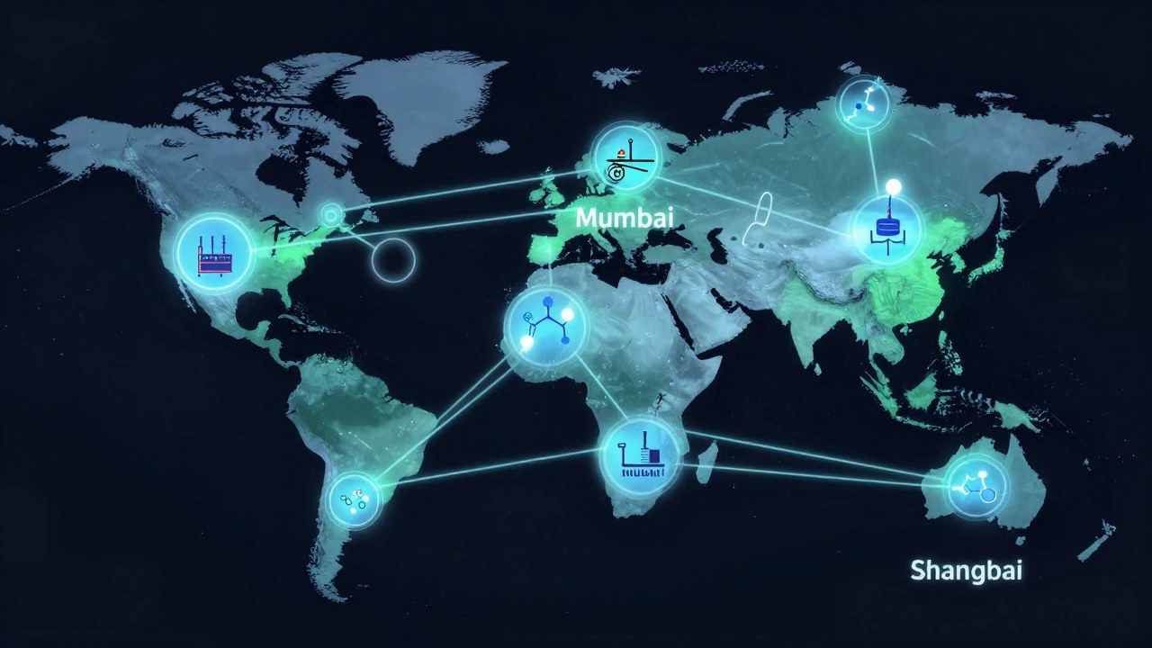 Global network of glowing connections linking distribution centers across continents.