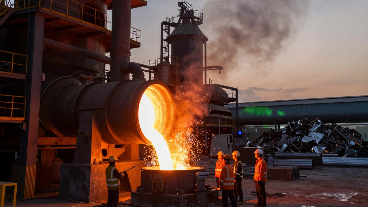 Molten steel pouring from a furnace in a Chinese steel mill at sunset.