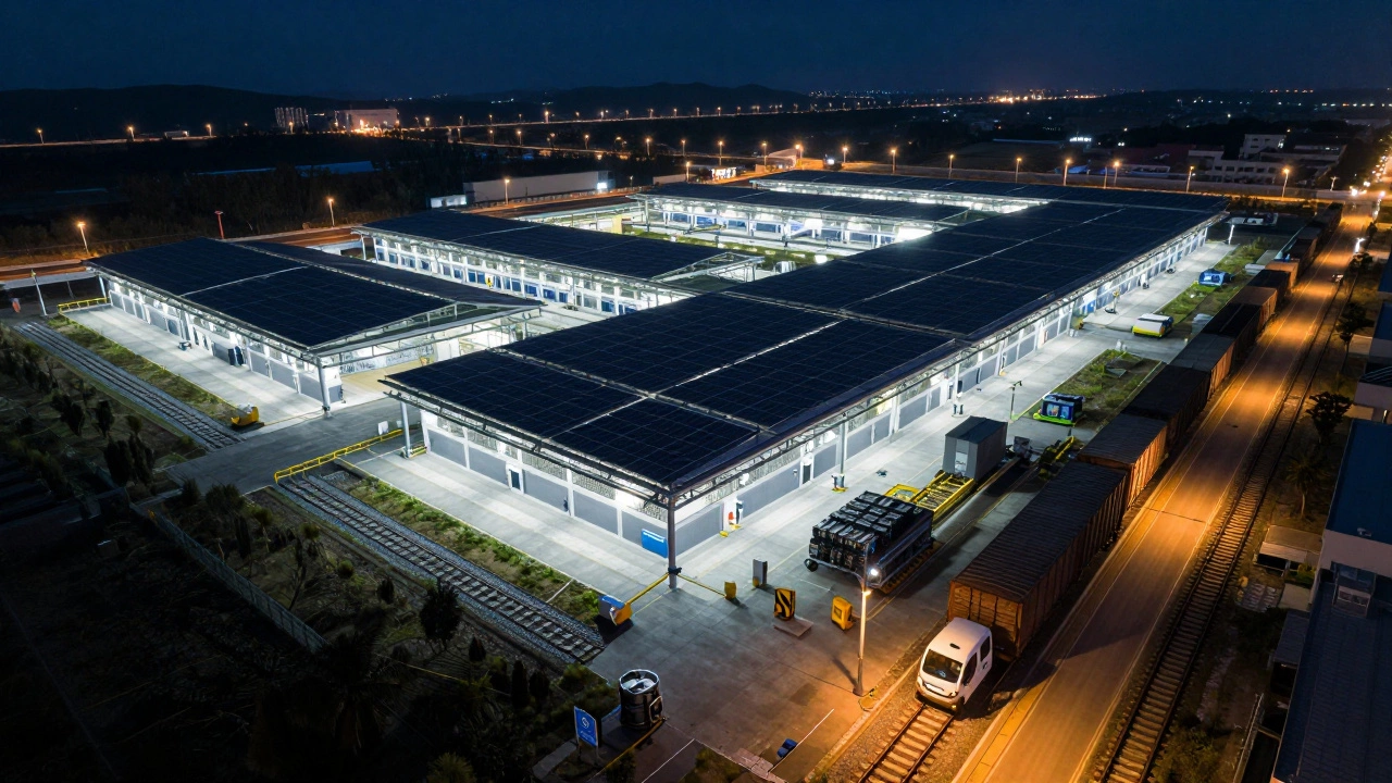 Night view of the carbon-neutral car plant illuminated by LED lights and solar panels, with a quiet electric car rolling off the line.