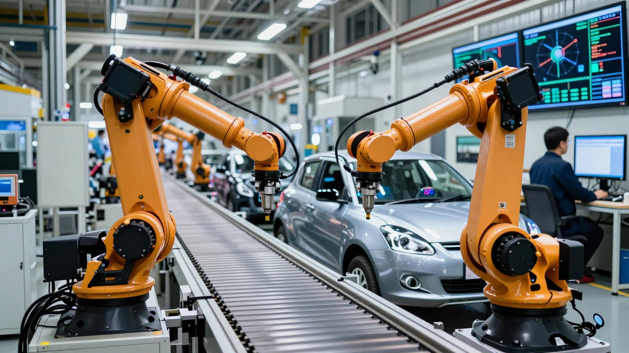 Robotic arms assembling both petrol and electric cars on the same production line with precision sensors.