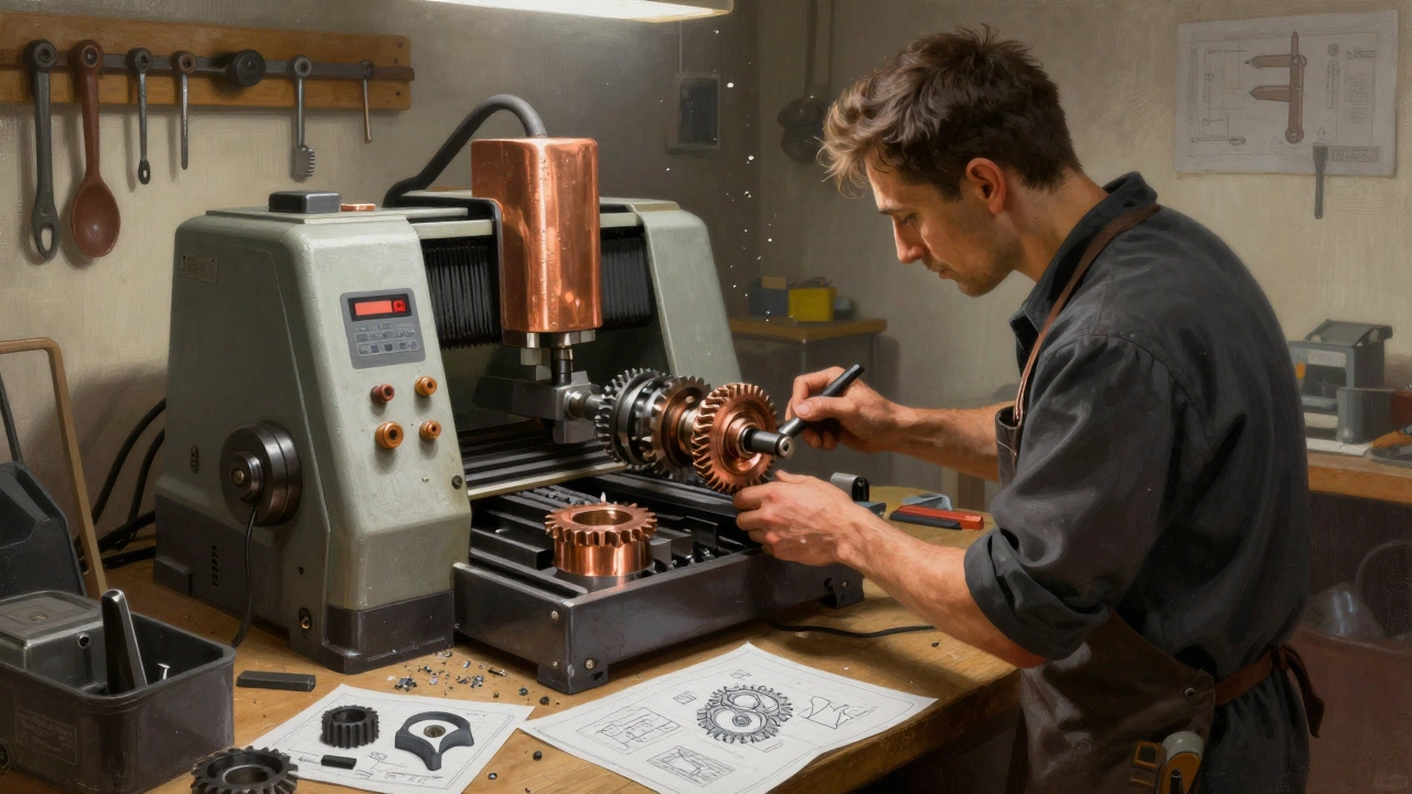 Skilled machinist working on a custom gear in a workshop with blueprints and 3D prototypes nearby.