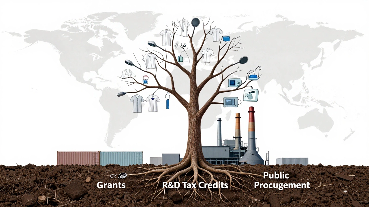 Tree growing from factory chimney with medical and public infrastructure branches, symbolizing local manufacturing resilience.