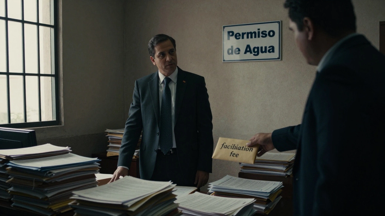 A businessman in a cluttered Mexican government office surrounded by paperwork while a shadowy figure offers an envelope.