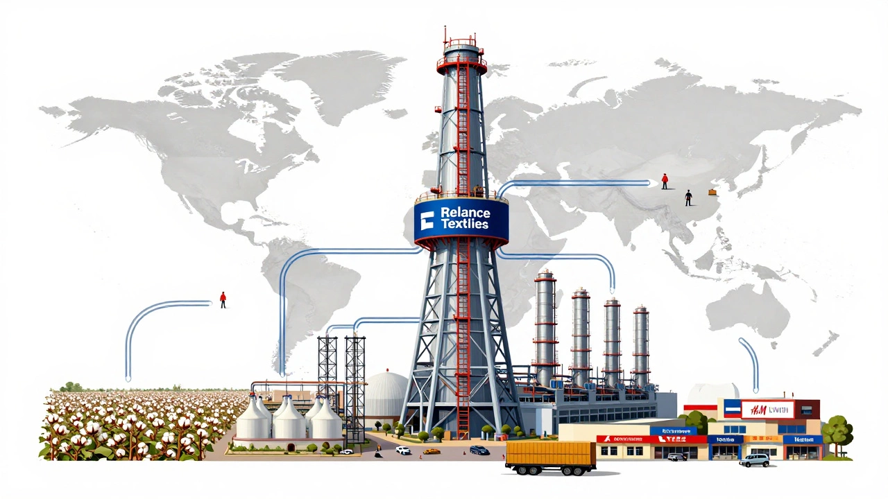 A giant textile tower dominates a global map, dwarfing other fashion brands in scale and efficiency.