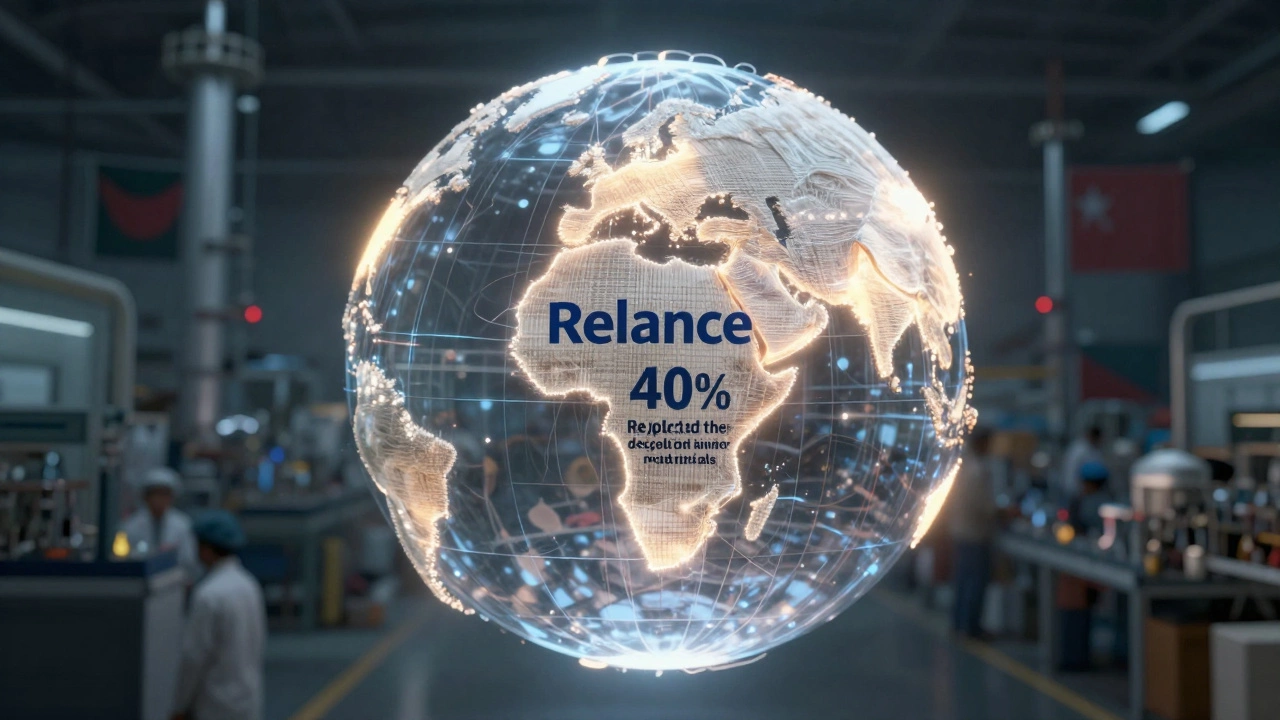 A glowing globe with textile fibers flowing from India, symbolizing sustainable, AI-driven textile leadership.