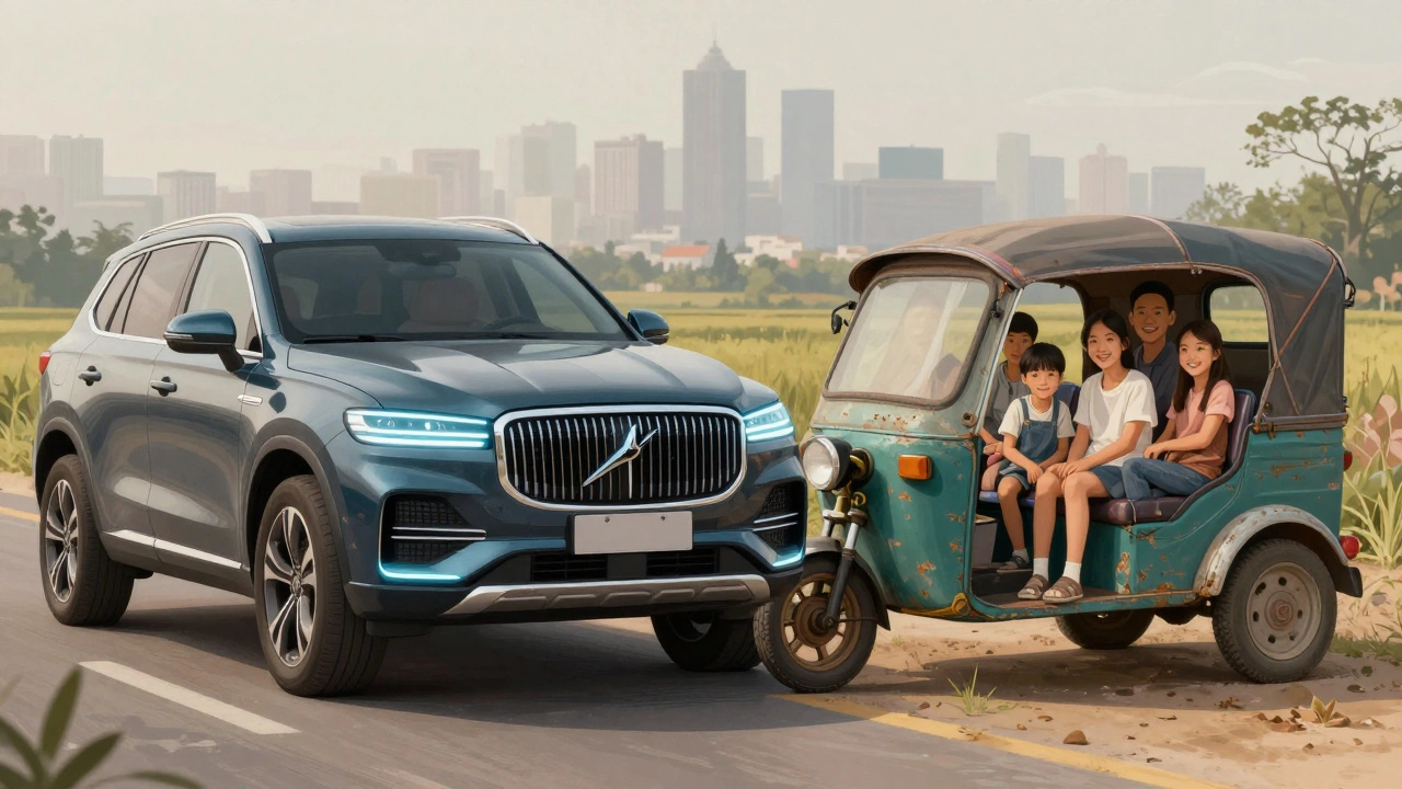 A Swift car beside a luxury SUV, symbolizing practicality versus prestige in Indian car culture.