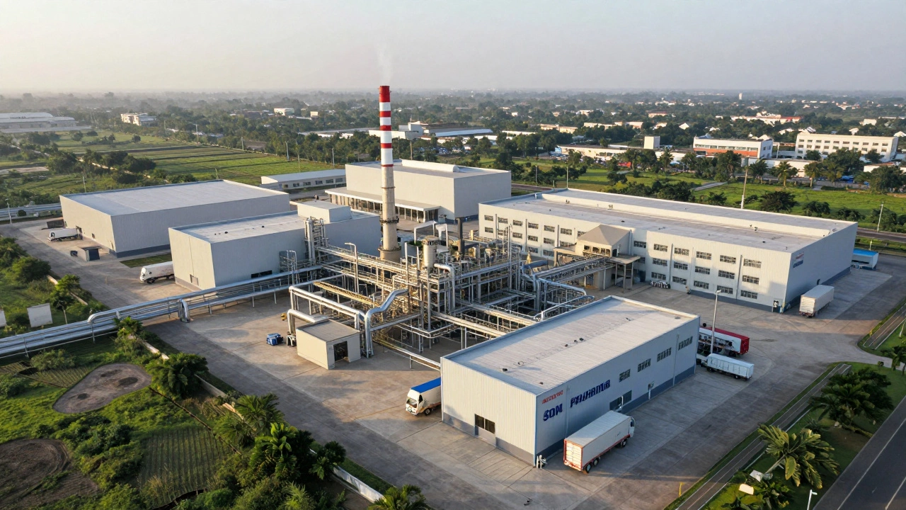 Aerial view of Sun Pharma's manufacturing plant in Gujarat at dawn, modern facilities surrounded by greenery.