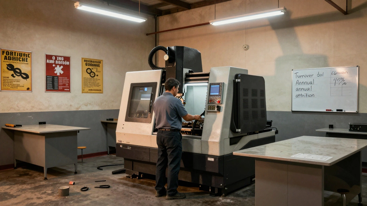 An empty workstation in a Mexican factory with a lone operator facing a broken machine and turnover statistics on a whiteboard.