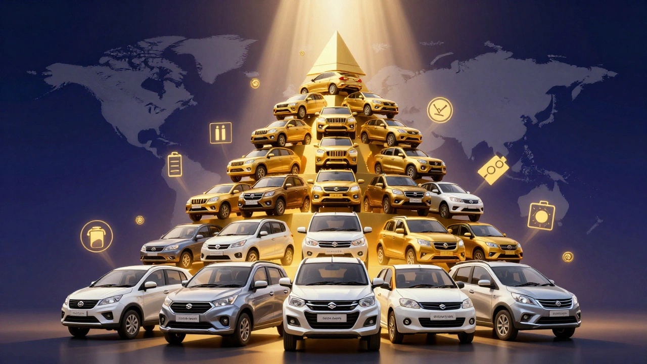 Golden pyramid of Tata vehicles tower above smaller stack of Maruti cars, with battery and patent icons floating around.