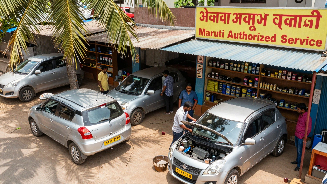 Mechanics servicing multiple Swift cars at a Maruti authorized center in rural India.