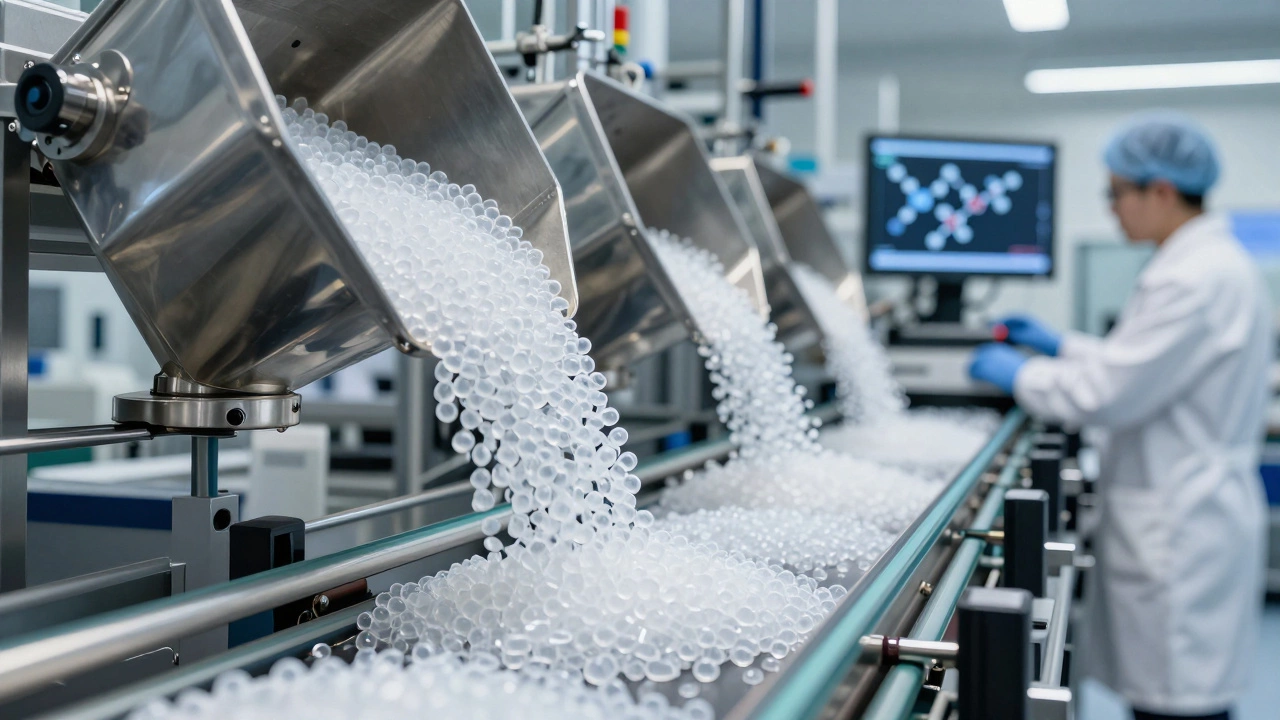 Plastic resin pellets being poured in a German lab with scientists monitoring screens