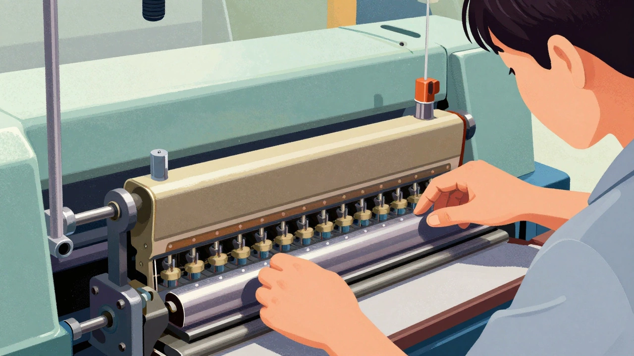 Technician operating automatic power loom in textile factory