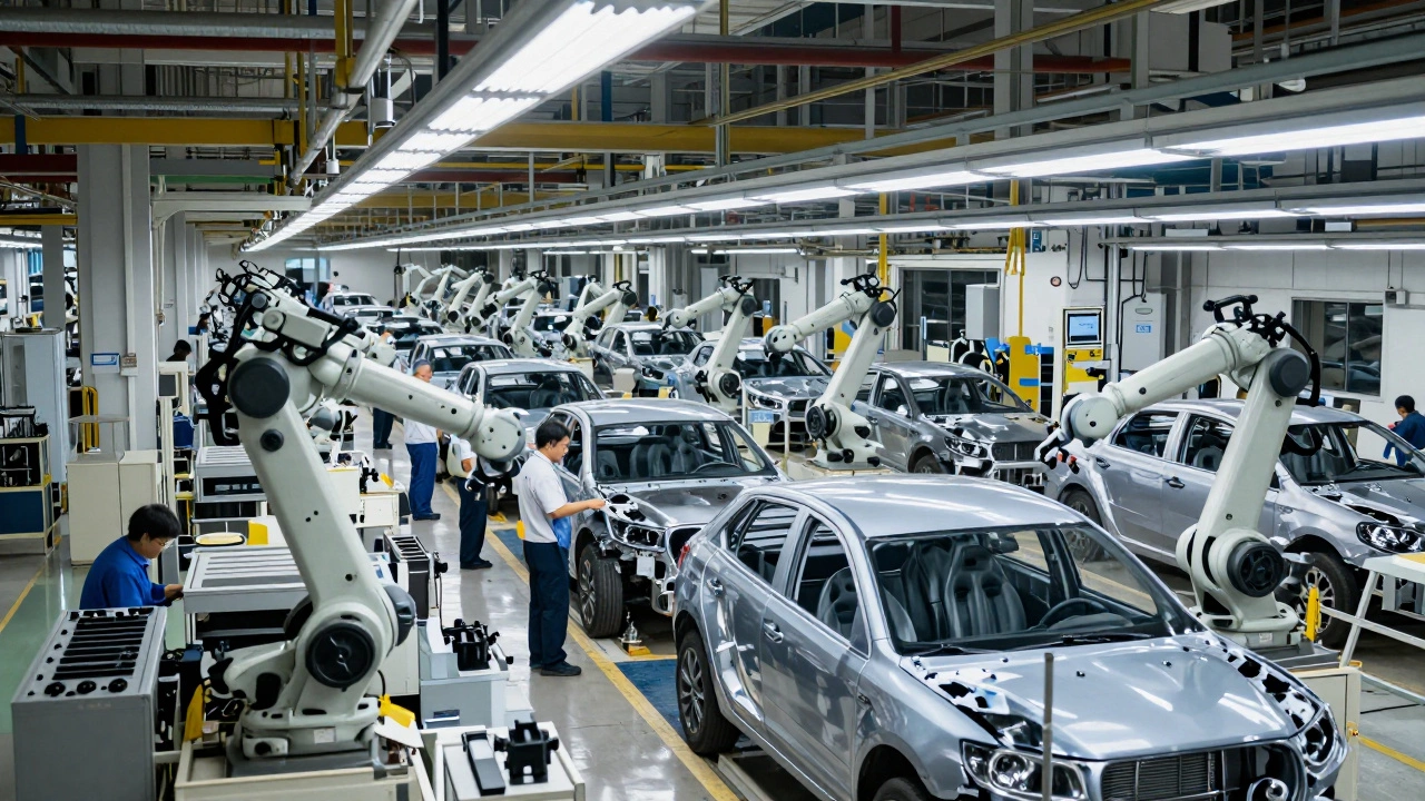 Automated assembly line producing identical car chassis under bright factory lights.