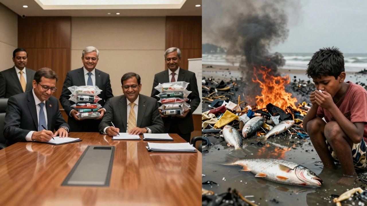 CEOs in boardrooms versus children suffering from burning plastic waste in a coastal village.