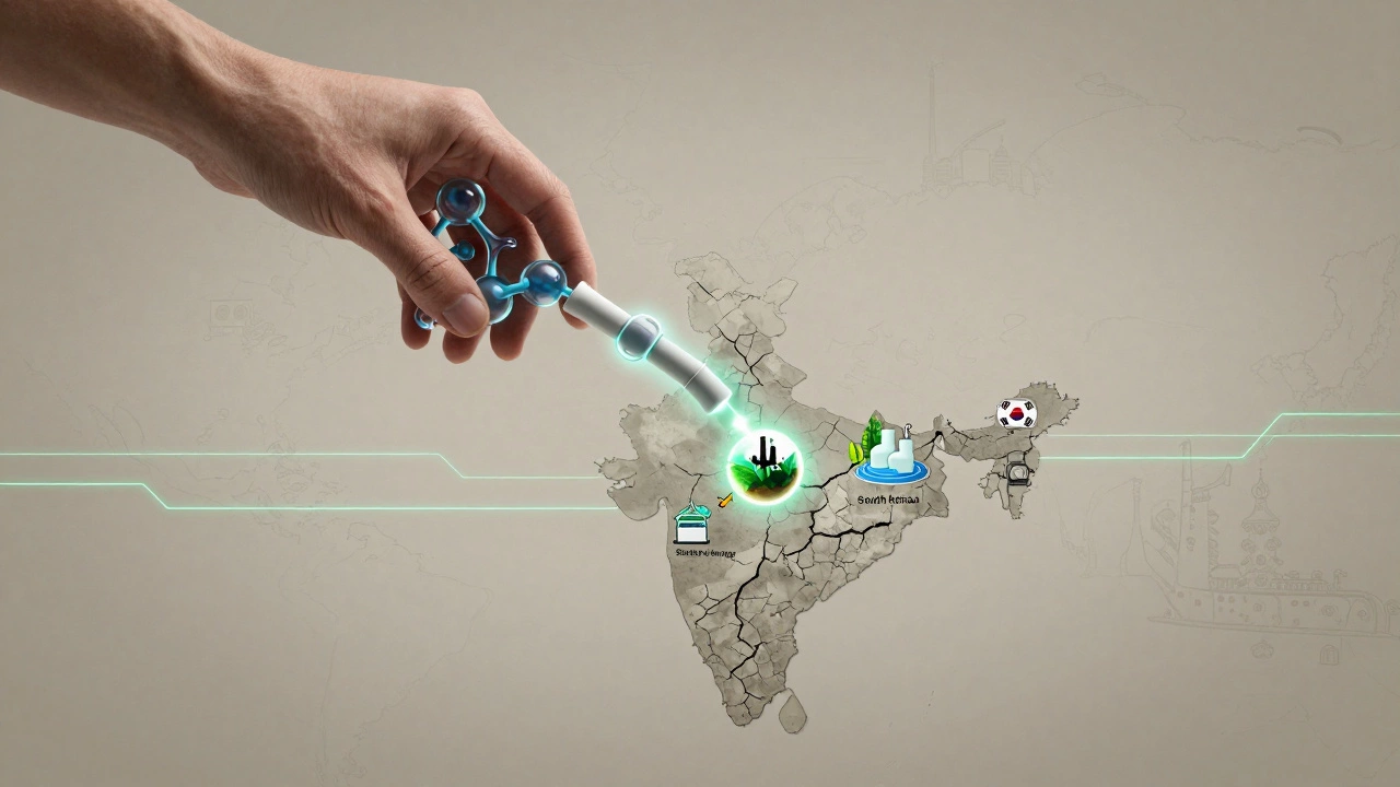 Chlorine molecules flowing from three countries into India, powering factories, farms, and water systems across the map.
