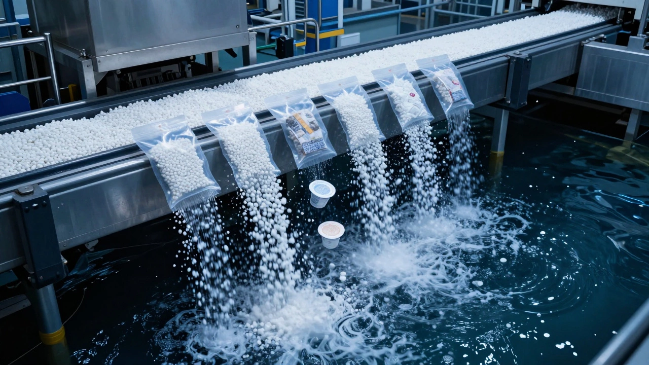 Endless plastic packaging falling from a factory conveyor into the ocean.