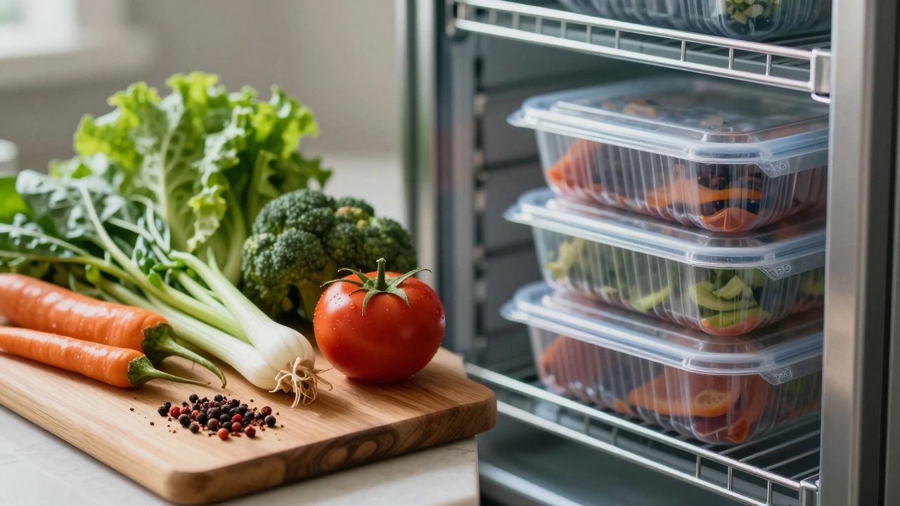 Fresh vegetables beside vacuum-packed food trays on a shelf
