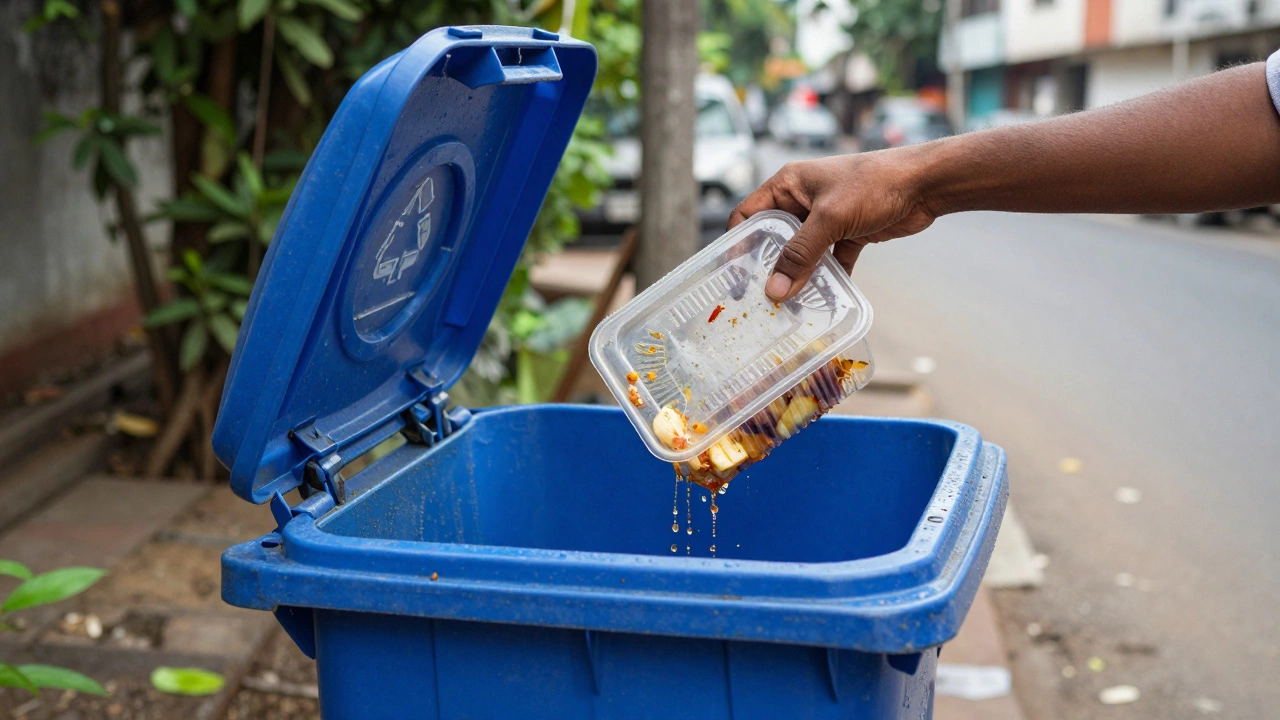 Hand holding a clean container above a recycling bin.