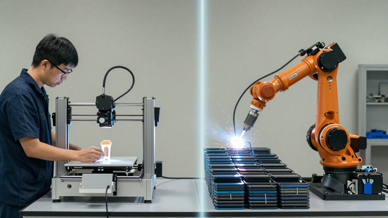 Hybrid factory showing custom medical device production alongside mass-produced smartphones.